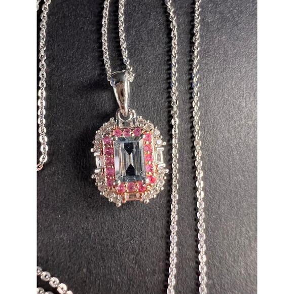 NEW Aquamarine pink sapphire necklace in rhodium and rose gold over 925 silver - Picture 8 of 14